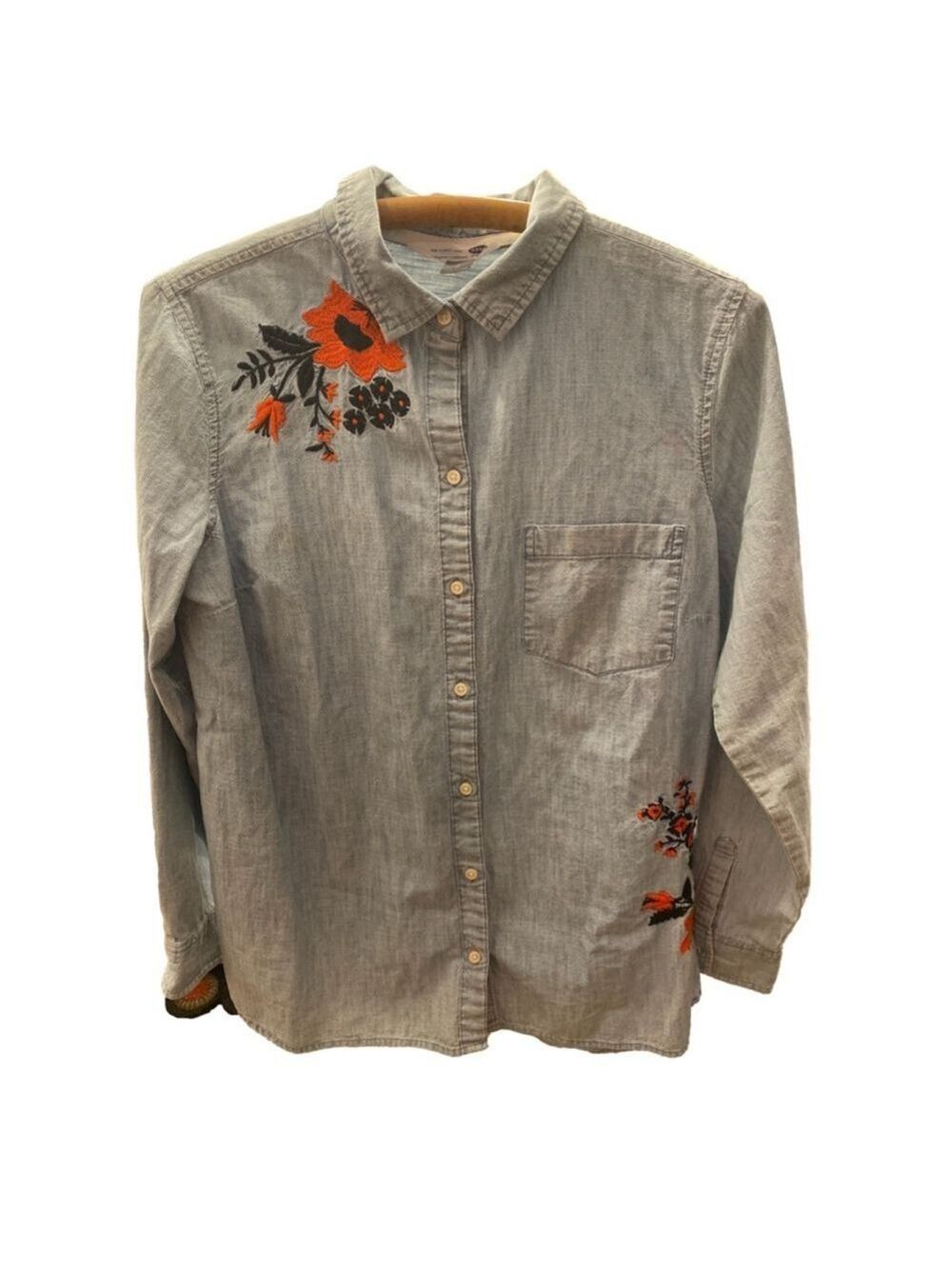 Women's Old Navy Blue Floral Embroidered Denim Shirt Size L